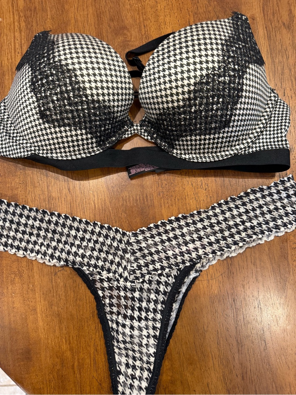 Victoria's Secret Black & White Houndstooth Lace Push-Up Bra and Thong